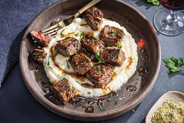 Garlicky Steak Bites with Cauliflower Mash